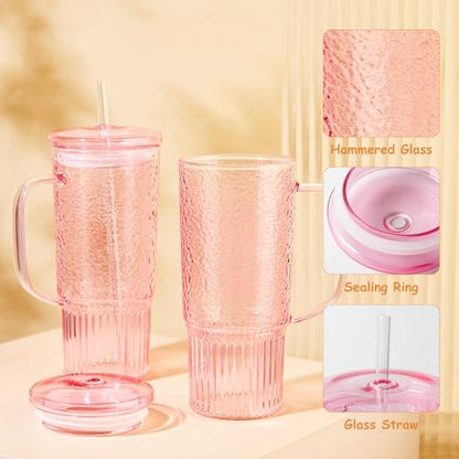 JunVpic Glass Tumbler, 24 oz Glass Cup with Lid, Straw and Handle | Pink glass design, Hammered Texture, reusable straw and lid for iced coffee, tea, smoothies and hot & cold drink - color: Pink, size: 24oz