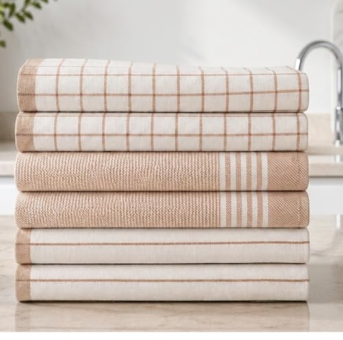 Cloud Scape Linen Premium Cotton Kitchen Towels Set - 6 Pack : Quick-Drying, Highly Absorbent, Durable, 18”x28”, Stripe Hand Towels with Hanging Loop, Dish Towel for Cleaning & Drying Dishes- Beige - color: Beige, size: 6 Pack