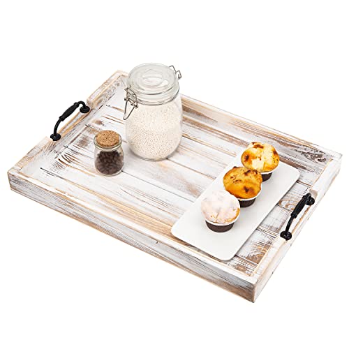 Rustic Vintage Big Wood Food Breakfast Serving Trays with Cutout Metal Handles(20 Inches) Large Nesting Board Decorative Serving Trays Platter in Bed, Ottoman, Coffee Table, BBQ, Party(Washed White - color: Washed White