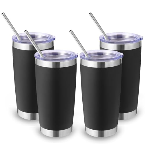 Volhoply 20oz Stainless Steel Tumbler with Lid and Straw Bulk 4 Pack,Double Wall Insulated Travel Iced Coffee Mug Fits Cup holder,Powder Coated Cups for Hot/Cold Drinks,Christmas Gifts（Black,4 Set） - color: Black