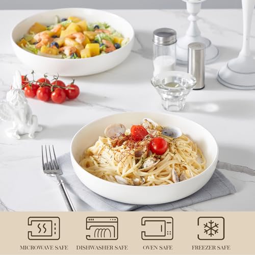 MALACASA 48 Oz Pasta Bowls Set of 4, Ceramic Salad Bowls, White | Microwave, Oven (482F), and Dishwasher Safe, For Pasta, Salad, Cereal, and Soup, 9 Inch Wide Shallow Design, Stackable, LUNA - color: White