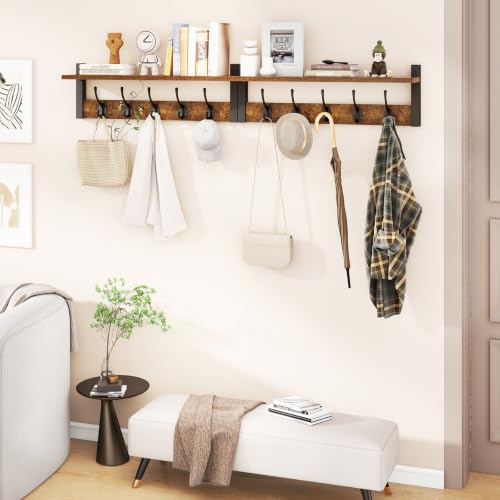 47.2" Coat Rack Wall Mount with Shelf and 10 Hooks, Rustic Brown UHWS004H-2 | 2 Pack Coat Hooks Wall Mount, Wood Wall Mounted Coat Rack with Hooks, Coat Hanger Wall Mount, Wall Hooks for Hanging - color: Rustic Brown