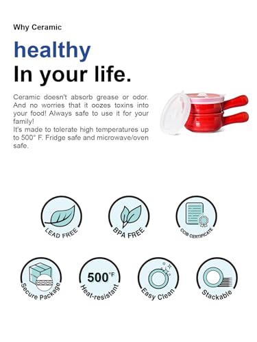 LE TAUCI Soup Bowls with Silicone Lids and Handles, 15 Oz French Onion Soup Bowls, Non-Toxic Ceramic Soup Crocks for Noodles, Stew, Cereal and Chilli, Oven Microwave Dishwasher Safe, Set of 4, Red - color: Red