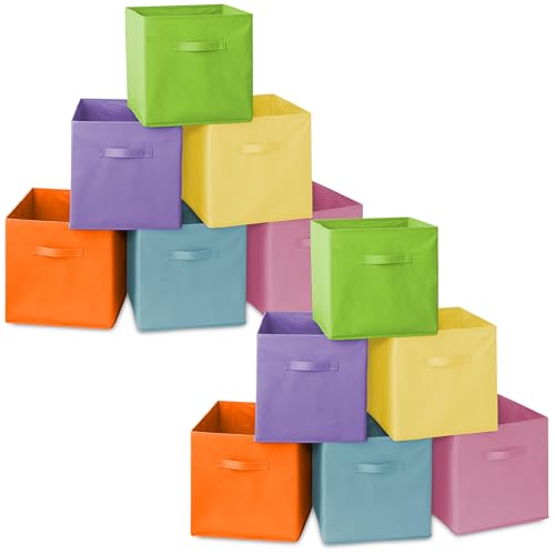 Casafield Set of 12 Collapsible Fabric Cube Storage Bins, Multicolor - 13" Foldable Cloth Baskets for Shelves, Cubby Organizers & More - color: Baby Blue, Lavender, Lime Green, Pink, Orange, Yellow, size: 13" x 13" x 13"