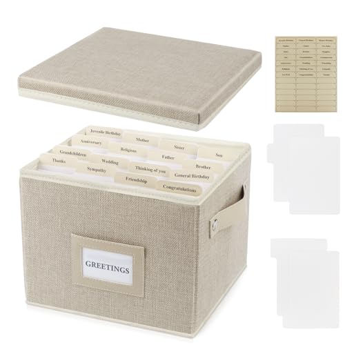Greeting Card Organizer Box with 16 Dividers,Collapsible Greeting Card Storage Box with Handles Hold 150+ Cards,Greeting Card Holder for Greeting Cards,Sticker, Recipes, Photo, Envelope (Beige, 1 pcs) - color: Beige, size: 1 pcs