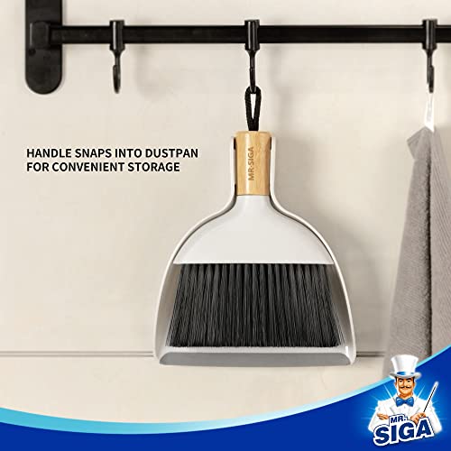 MR.SIGA Mini Dustpan and Brush Set, Bamboo Handle, White, 1 Set | Portable cleaning brush and dustpan combo, handheld brush and dustpan combo with hanging loop - color: White