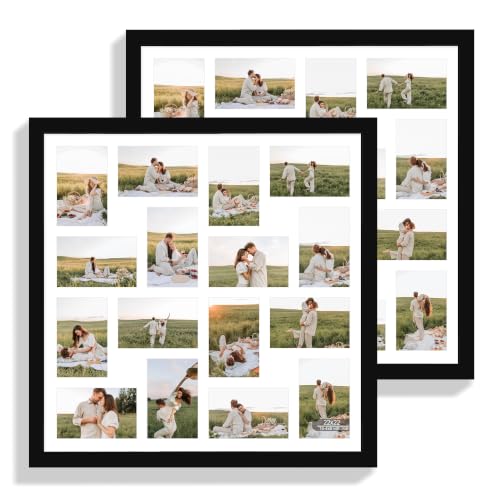 Hongkee 22x22 Frame 2 Pack, Fits 16 4x6 Photo with Mat- Real Glass Cover | Black Wooden, Display Collage Sixteen 4x6 - Wall Mounting, fits Photos, Posters and Art - color: Black, size: 22x22 in matted to 16-4x6