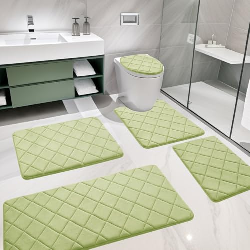 Green Bathroom Rug Set 5 Piece, Soft Non Slip Memory Foam Bath Mat, Machine Wash Bathroom Mat Set, Water Absorbent Bath Mats for Toilet and Floor (Green) - color: Green, size: 5 pieces