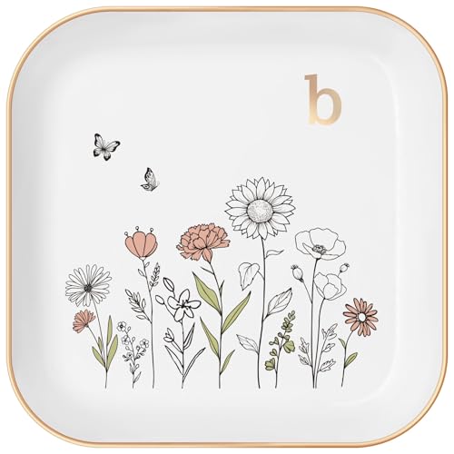Gifts for Women – Initial Ring Dish with Floral Initial Design, Gift Boxed – Perfect Birthday Gifts for Mom, Girls, Best Friend, Bride, or Girlfriend – Mothers Day Gifts and Graduation Gift - color: Golden-b
