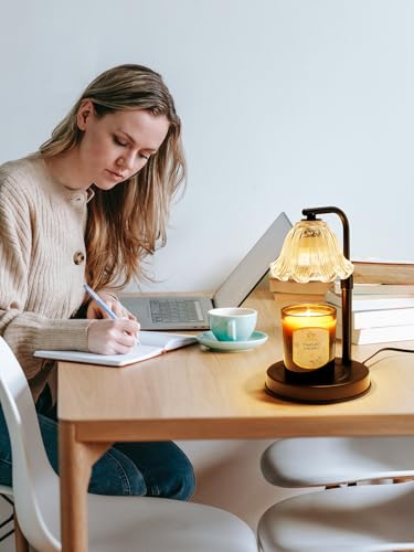 Candle Warmer Lamp with Timer - Adjustable Height for Jar Candles | Metal and glass candle warmer with 4 brightness levels, 2/4/8-hour timer, adjustable 7.08-11.1 in pole and two 50W bulbs - color: Flower Candle Warmer Lamp