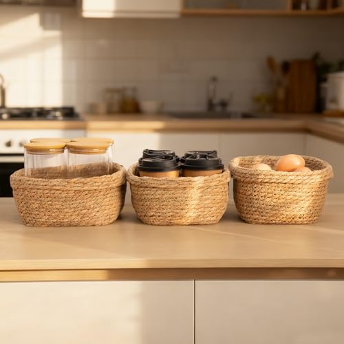 Square Seagrass Storage Baskets Set of 3, Hand Woven Stitched Rolled Edge Baskets, Boho Decorative Woven Baskets for Bathroom Kitchen Living Room Nursery