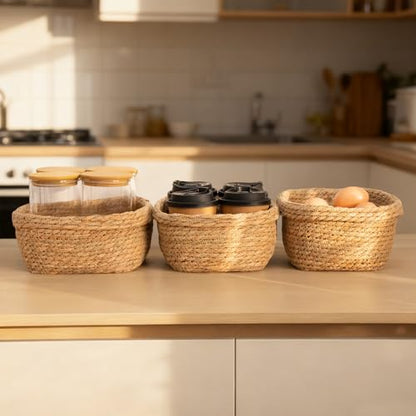 Square Seagrass Storage Baskets Set of 3, Hand Woven Stitched Rolled Edge Baskets, Boho Decorative Woven Baskets for Bathroom Kitchen Living Room Nursery
