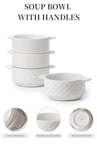 FOBENTA Soup Bowls with Handles, 20oz Embossed Ceramic Bowl Set of 4 – Oven & Microwave Safe, Ideal for Stew, Chili, Cereal – Textured Deep Bowls for Everyday Comfort - size: 20 OZ-Dual Handles