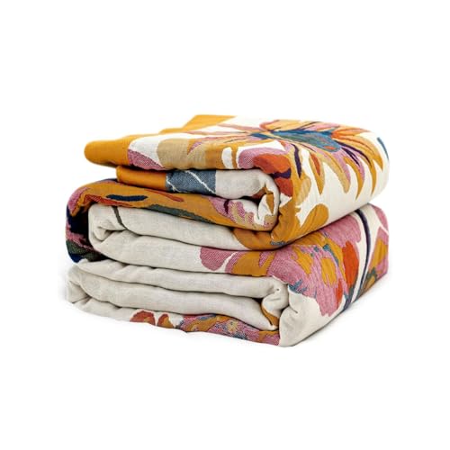 Boho Throw Blanket - 100% Cotton Soft Throw Blanket for Bed, 90"x90" Reversible Breathable Lightweight Summer Blankets, All Seasons Farmhouse Decor Floral Plant Butterfly Throw Quilt - color: 01-lnk and Wash, size: (90"x90")Queen