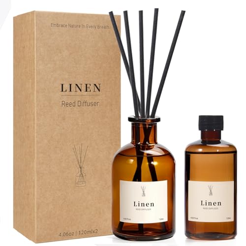 Reed Diffuser Set, 8.12 fl.oz Linen Scented Oil Diffuser, Home Fragrance Reed Diffusers for Bathroom Shelf Decor & Air Fresheners - Includes Reed Diffuser Sticks, 2 Pack Fragrance Oil & Glass Bottle - color: Linen