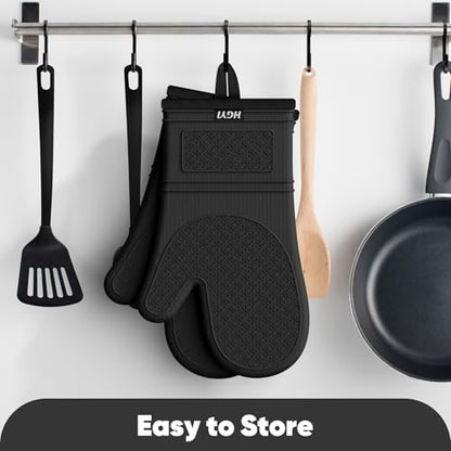 Silicone Oven Mitts, Heat Resistant Oven Gloves with Quilted Liner, Waterproof & Non-Slip Kitchen Mittens for Baking Cooking BBQ, 500°F, 12.5"-Black - color: Black