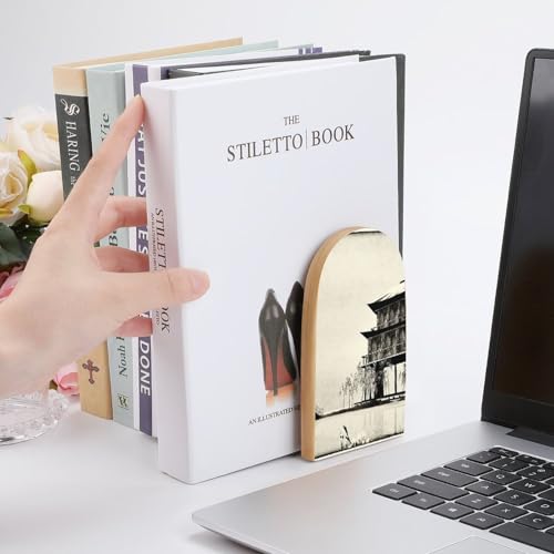Heavy Duty Non-Slip Beech Wood Bookends, 1 Pair Adjustable Book Ends with Metal Base, Sturdy Book Organizer for Shelves, Home Office Library Tree and Mountain in Fog - color: Tree and Mountain in Fog