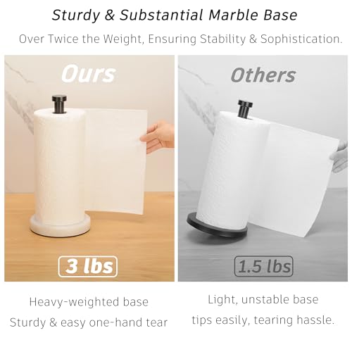 Kitchen Paper Towel Holder Countertop, Black Stainless Steel Rod, White Weighted Natural Marble Base, Heavy Duty Standing Paper Towel Roll Holders Easy One Hand Tear - color: Black