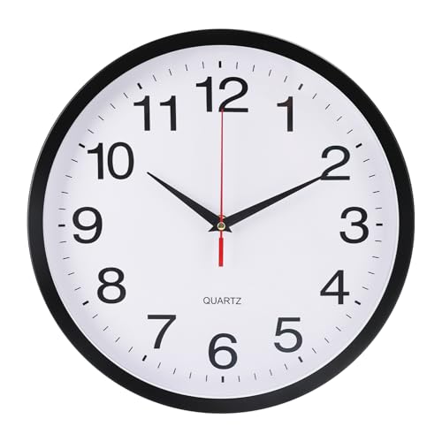 Wall Clock Plastic Frame Silent Non-Ticking Round Indoor Clock Analog Battery Operated Modern Wall Clocks for Home, Office, Hotel, Bedroom, Living Room, Kitchen (Black, 12inch) - color: Black, size: 12inch