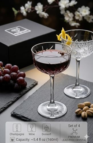 Premium Crystal Coupe Glass Set | 5.4 oz Lead-Free Glassware for Cocktails, Champagne, and Martini | Elegant Diamond Cut Design for Desserts and Appetizers |Vintage Glassware (pack of 4)