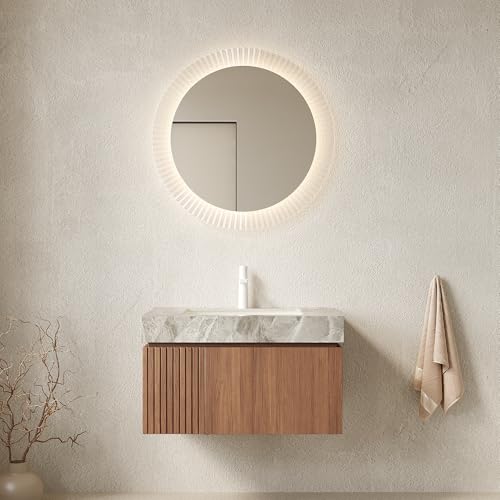 30" Floating Bathroom Vanity with Sink, MURI Wall Mounted Plywood Cabinet, Sintered Stone Countertop, Ceramic Basin with 1 Faucet Hole, Drawer & Door Storage, Pre-Assembled, Light Gray Top Brown Oak - color: Brown Oak,light Gray Top, size: 30"+Light Gray