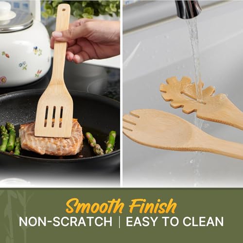 Wooden Utensil Set, Bamboo Utensils – 7 PCs Wood Spoons for Cooking | Lightweight, Easy to Clean, Sturdy & Heat Resistant – Food-Safe, Multipurpose for Stirring & Serving - size: 7 Pieces