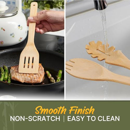 Wooden Utensil Set, Bamboo Utensils – 7 PCs Wood Spoons for Cooking | Lightweight, Easy to Clean, Sturdy & Heat Resistant – Food-Safe, Multipurpose for Stirring & Serving - size: 7 Pieces