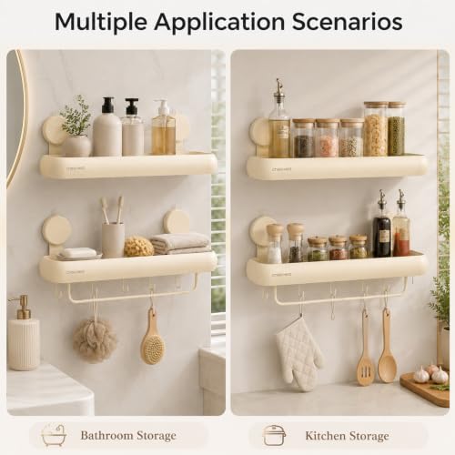 Shower Caddy Suction Cup, Removable Shower Organizer Shelf,2 Pack | Large Capacity, Rustproof Aluminum, 2 Install Ways, Includes Hooks&Hanging Bar,Wall-Mounted Bathroom Organizer Storage Holder - color: Milky White