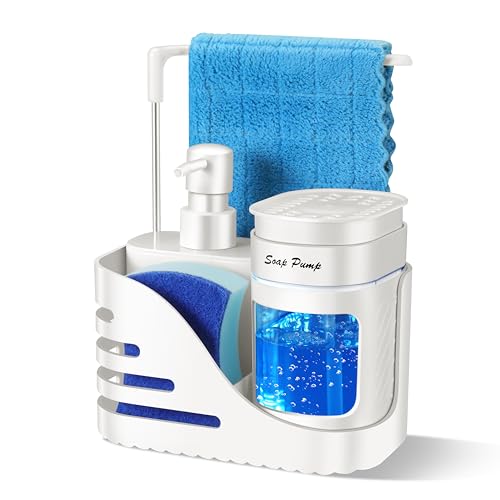 Kitchen Soap Dispenser Set, 4-in-1 Dual Hand and Dish Soap Dispenser with Sponge Holder and Dishcloth Holder for Kitchen Sink (White) - color: White
