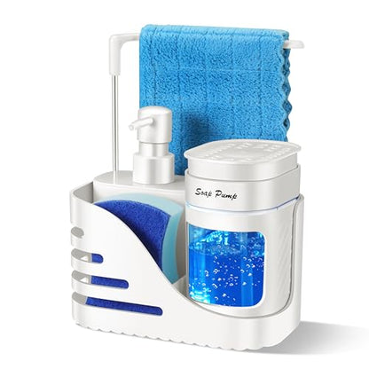 Kitchen Soap Dispenser Set, 4-in-1 Dual Hand and Dish Soap Dispenser with Sponge Holder and Dishcloth Holder for Kitchen Sink (White) - color: White