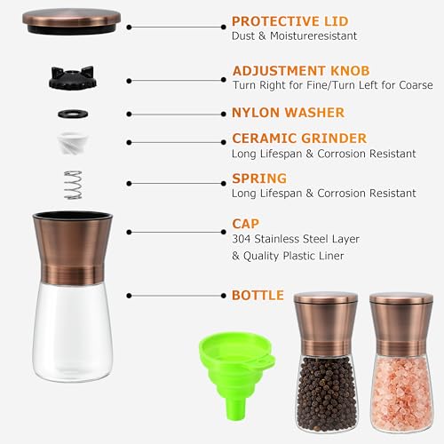 R DRURLCD Short Copper Salt and Pepper Grinder Set of 2, Manual Adjustable Coarseness with Ceramic Blades - Stainless Steel Refillable Mills, Bonus Silicone Funnel - color: Copper, size: 2PK