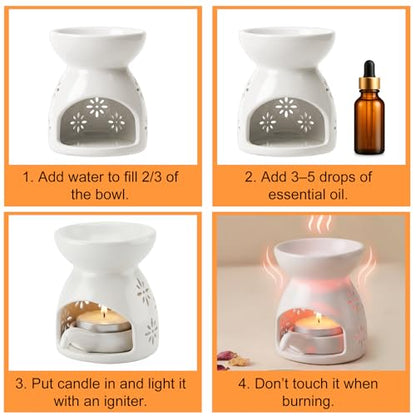 3 Pack Ceramic Tealight Candle Holder, Small Essential Oil Burner Wax Melt Warmer with Spoons, Aromatherapy Aroma Diffuser for Home Bedroom Decor, White
