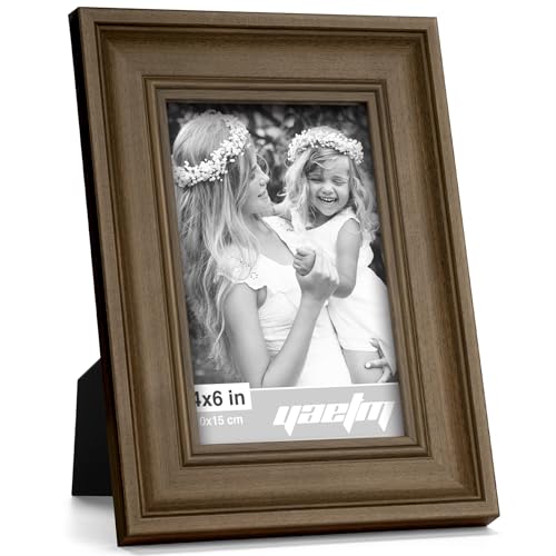 Yaetm 4x6 Picture Frame Set of 4, 1.4” Wide Molding & Brown Wood Grain Photo Frames with HD Tempered Glass, for Table Top & Wall Mounting (4 pack, Brown Wood Grain) - color: Wood Brown, size: 4x6, 4 pack