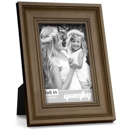 Yaetm 4x6 Picture Frame Set of 4, 1.4” Wide Molding & Brown Wood Grain Photo Frames with HD Tempered Glass, for Table Top & Wall Mounting (4 pack, Brown Wood Grain) - color: Wood Brown, size: 4x6, 4 pack
