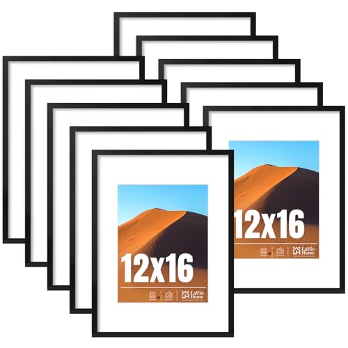 12x16 Picture Frame Black Set of 10, Display 8.5x11 with Mat or 12 x 16 Without Mat Picture, Photo Frame Collage for Wall Gallery or Table Deco, Hanging or Tabletop Display - color: black, size: 12x16