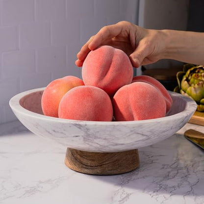 Cork & Mill Marble Decorative Bowl with Acacia Wood Pedestal, 11 Inch | Handcrafted Natural Stone Fruit Bowl for Kitchen, Potpourri, Catch All for Entryway, Dining Table Centerpiece Decor