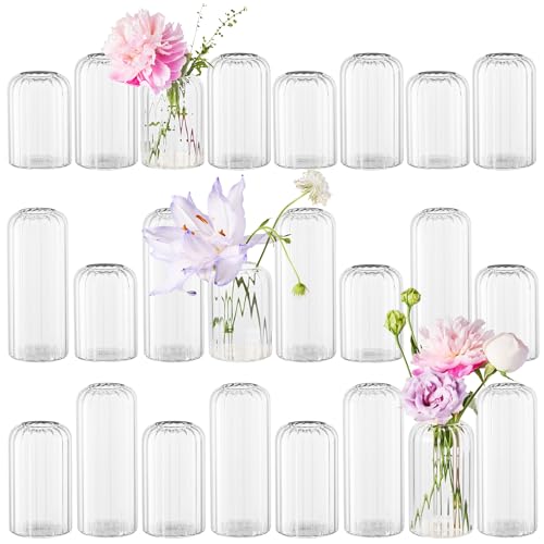 Glass Bud Vases Set of 24, Ribbed Small Flower Glass Vases for Centerpieces | 3 Sizes, Borosilicate Clear Vase in Bulk, for Wedding Table, Floral Arrangements, Living Room, Home Decor, Cylinder Mini Vase - color: Ribbed-24pcs