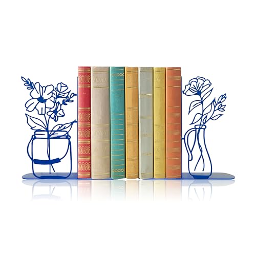 Flower Vase Bookends, Metal Decorative Book Ends for Shelves Cute Book Ends | Fun Bookends Office Home Decor, Ideal Gift for Book Lovers (Blue) - color: Blue