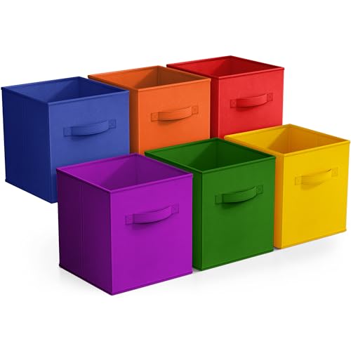 Sorbus 11 Inch Fabric Storage Cubes - Sturdy Collapsible Bins With Handle - 6 Foldable Baskets for Organizing Clothes, Toys, Books - Multi Colored Storage Baskets for Shelves, Kids Room, Closets - color: Deep Rainbow, size: 11 Inch