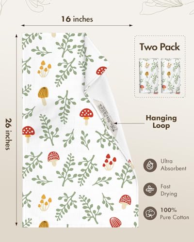 2pcs Cotton Waffle Kitchen Towels, Mushroom | Waffle Weave, Terry Cloth, Pure Cotton, Sustainable, 16"x26", Highly Absorbent, with Hanging Loop, Giftable Package - color: Mushroom