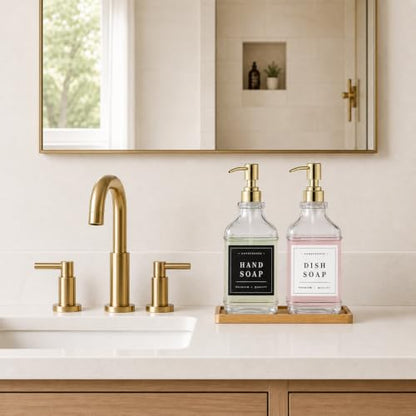 Clear Glass Soap Dispenser Set: Modunful 2 Pack 16.9oz Countertop Soap Dispenser with Bamboo Tray, Silicone Funnel & 60 Waterproof Stickers - for Kitchen Bathroom - color: Dm2647-gold