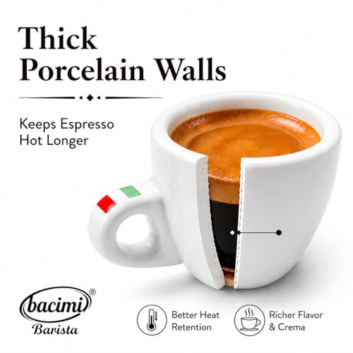 Bacimi® Espresso Cups & Saucers Set of 4 – 3 oz Thick Porcelain Coffee Cups - Barista Style Set - Classic Italian Design - Ceramic Cups for Espresso, Macchiato, Doppio – Dishwasher & Microwave Safe
