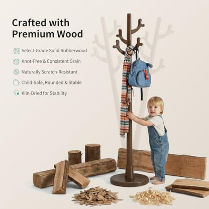 Uniclinens Coat Rack Freestanding Solid Wood Coat Tree Standing with 4 Hooks, Coat Rack Stand Creative Tree Branch-look (Dark Walnut) - color: Dark Walnut, size: Coat Tree