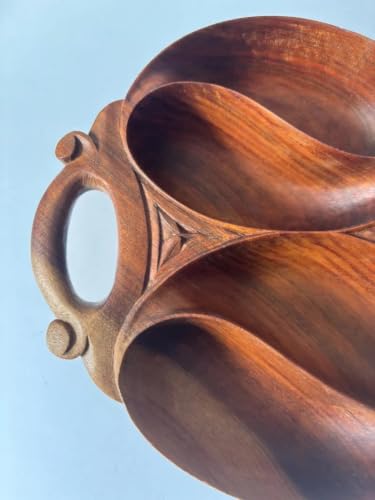 Handcrafted Wooden Divided Serving Bowl with Handles, 3-Compartment Snack Tray, Rustic Carved Wood Fruit Nut Dish for Kitchen Counter Dining Table Party, Brown