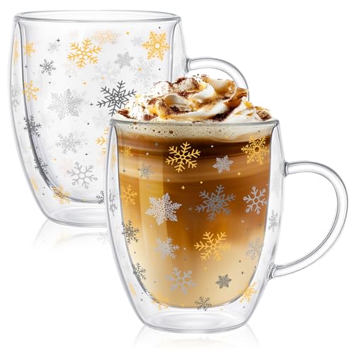 JarThenaAMCS Christmas Double Wall Glass Coffee Mugs 12Oz Gold Silver Snowflake Insulated Glasses Clear Espresso Cups with Handle for Winter Xmas Holiday Supplies, Set of 2 - style: Gold Silver Snowflake