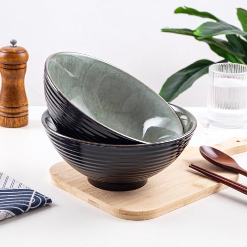 Ceramic Japanese Ramen Bowl Set, 2 Sets Asian Pho Udon Soup Noodle Bowls with Spoons and Chopsticks (Grayish Green, 8 inches) - color: Grayish Green