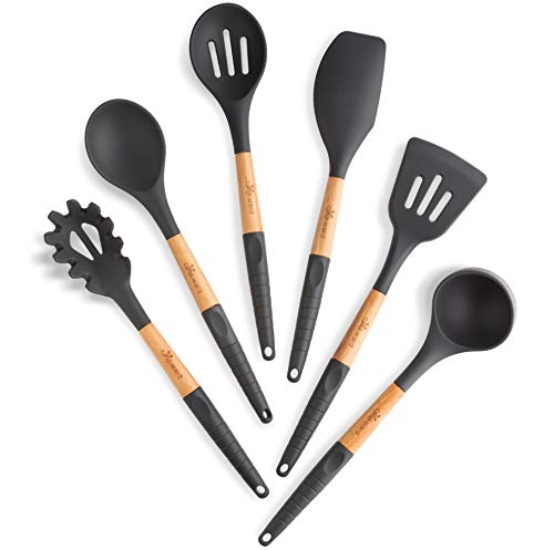 Silicone Cooking Utensils Set 6 Piece – Heat Resistant up to 480°F, BPA Free & Non-Scratch Kitchen Tools with Natural Wood Handles, Dark Gray - color: Dark Gray