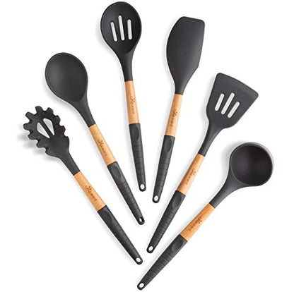 Silicone Cooking Utensils Set 6 Piece – Heat Resistant up to 480°F, BPA Free & Non-Scratch Kitchen Tools with Natural Wood Handles, Dark Gray - color: Dark Gray