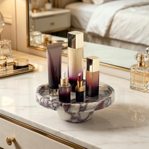 Luxury Natural Marble Pedestal Tray for Dresser Jewelry Home Decor | Calacatta Viola marble vanity tray organizes perfumes, skincare and toiletries for bathroom countertops and vanity spaces - size: 9.8"