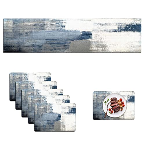 Mcalk Dusty Blue Table Runner and Placemats Set of 6 Pieces, Pink Flower Placemats Modern Art,Abstract Art Cloth Place Mats Indoor for Kitchen,Washable Placemats Linen Material for Dining Table - color: 01grey and Blue